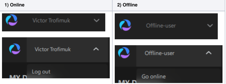 Account panel — the Online state (with Log out) and the Offline state (with Go online)
