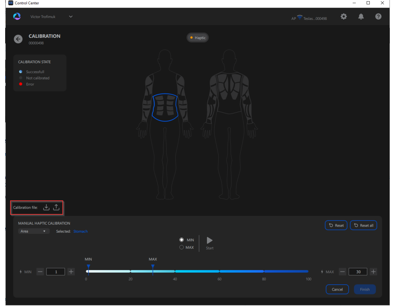 CALIBRATION window — manual haptic calibration: the mapping scheme, the selected area, the MIN/MAX power bar, and the Calibration file import/export controls