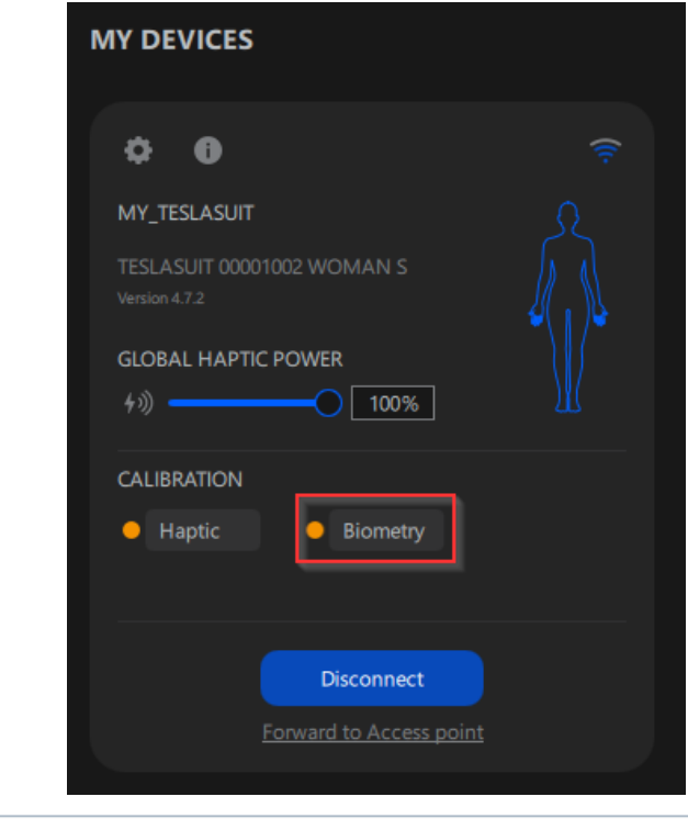Device card — the Biometry calibration button in the CALIBRATION section