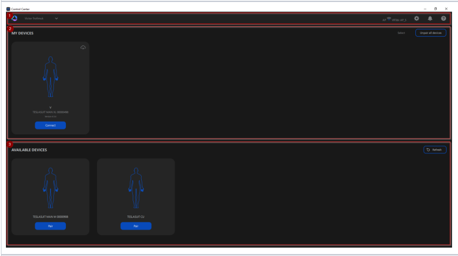 Control Center — main window: the top menu bar, MY DEVICES, and AVAILABLE DEVICES, each device shown as a card