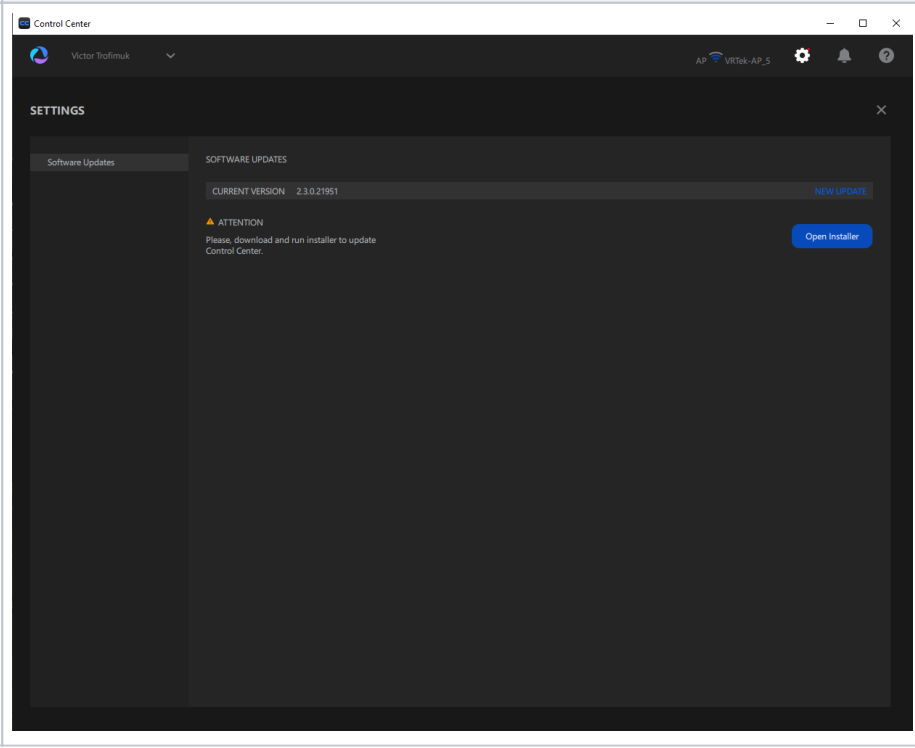 Control Center — Settings window showing Software Updates