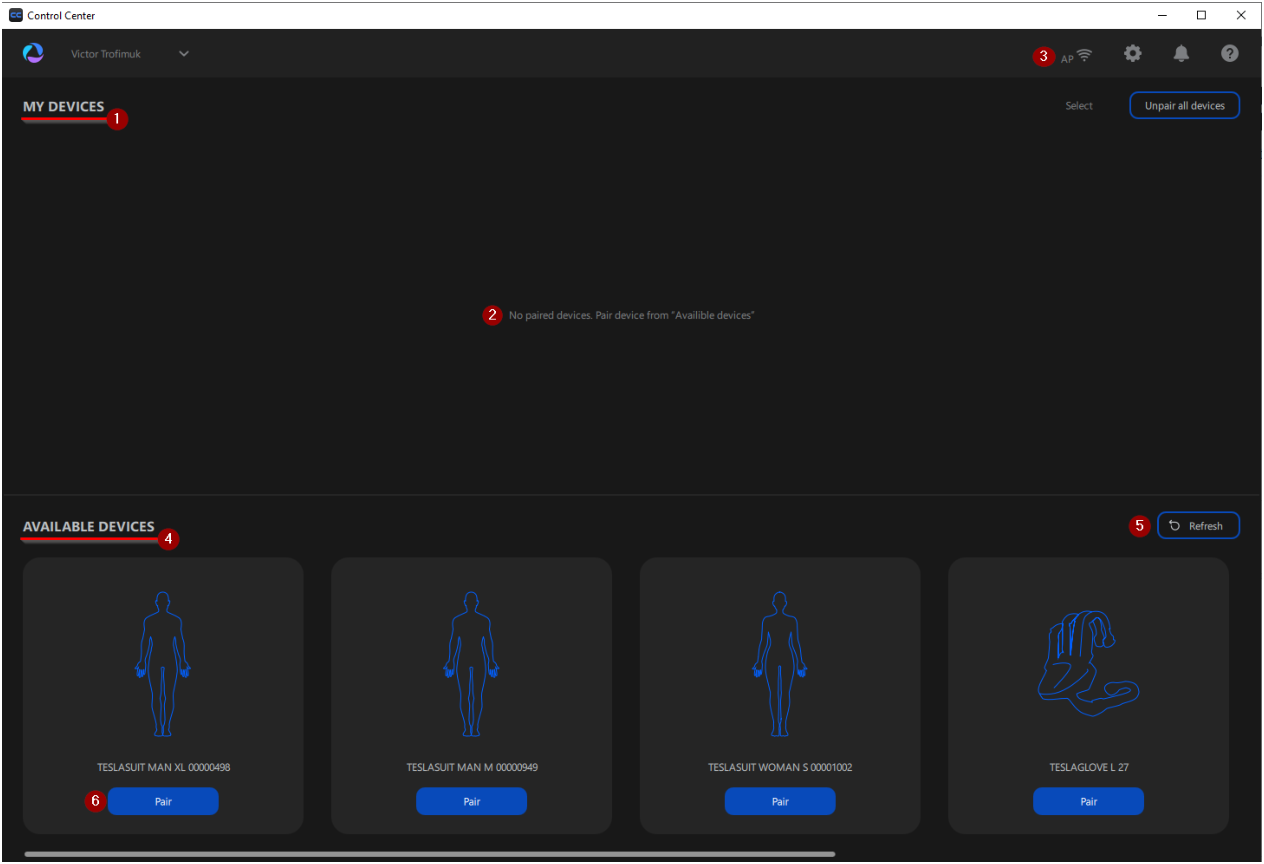 Control Center main window before pairing — MY DEVICES empty, with the AVAILABLE DEVICES section below