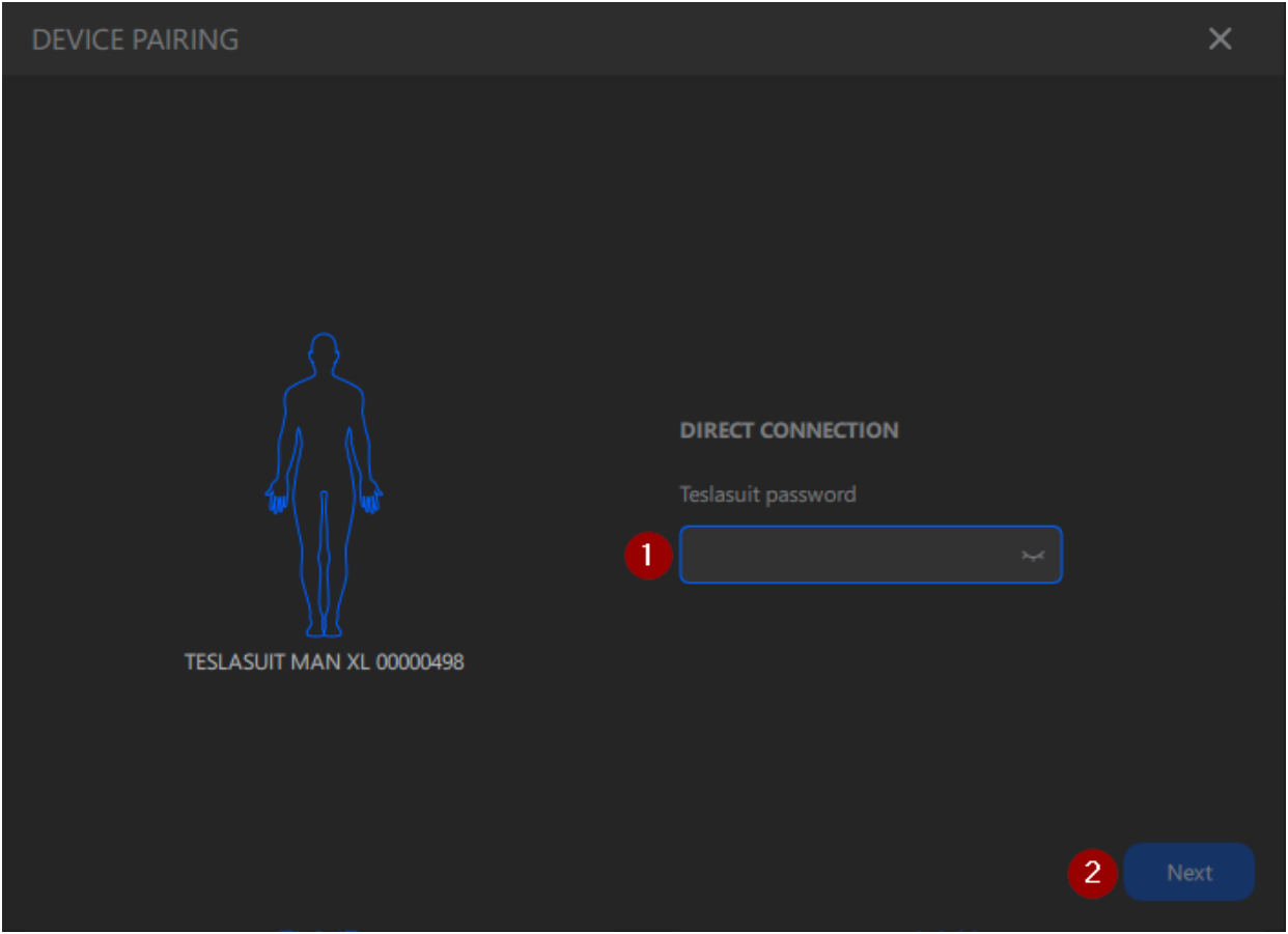 DEVICE PAIRING — direct-connection password entry for TESLASUIT