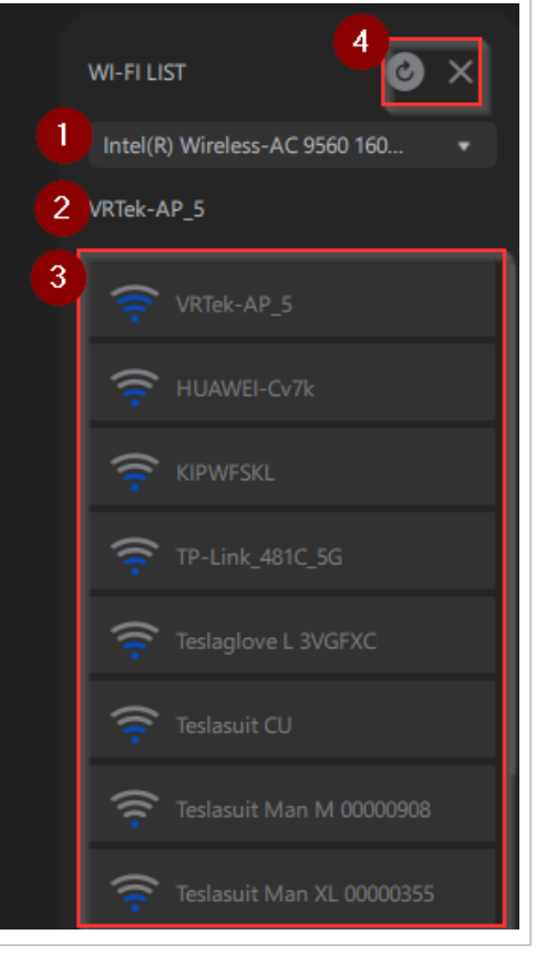 Wi-Fi adapter options — the WI-FI LIST menu: the physical adapter dropdown, the current access point, and the list of discovered networks and devices