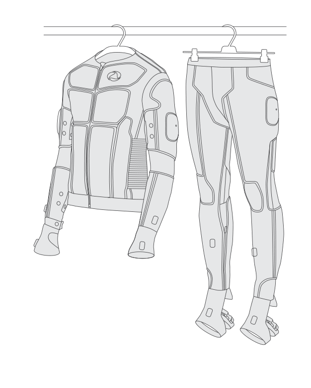 TESLASUIT stored on the bundled hanger — jacket and trousers
