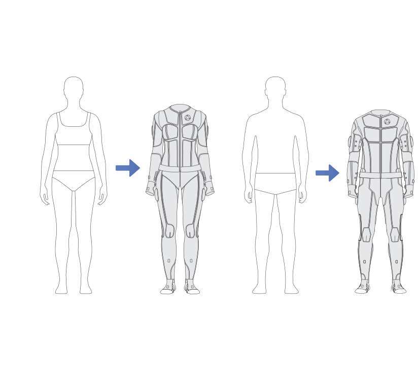 Putting on TESLASUIT — female and male, undressed to suited