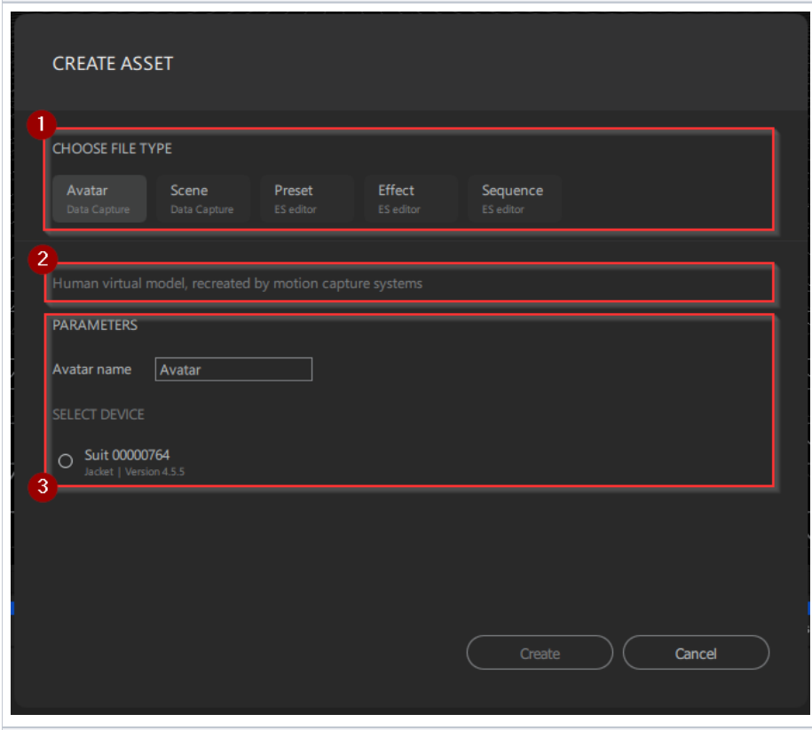 CREATE ASSET window — choosing the asset type and setting its parameters