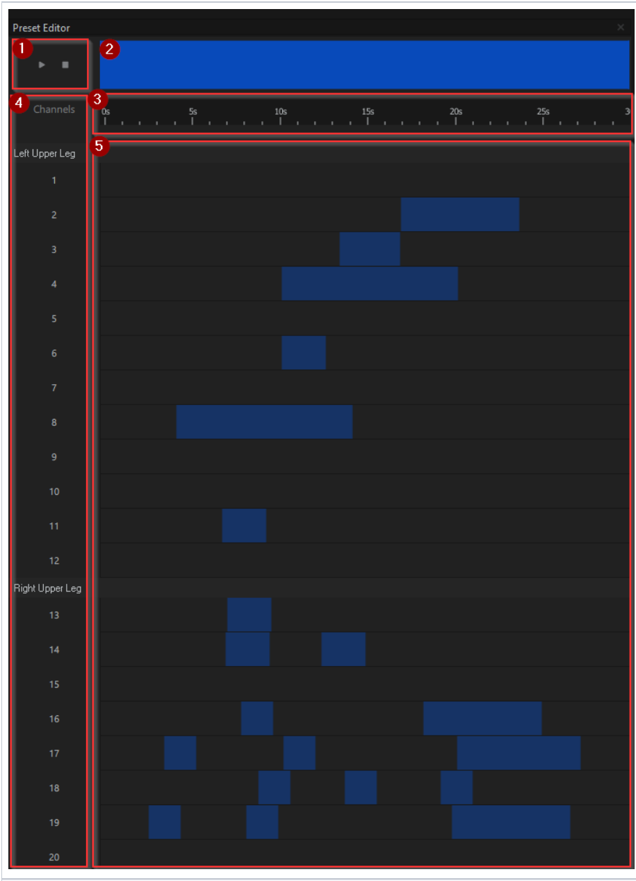 Preset Editor — playback controls, the navigation bar, the timeline, the channel list, and the touches grid