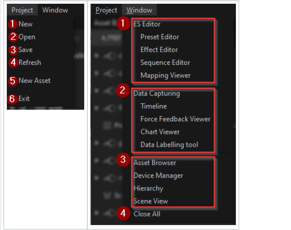 Menu bar — the Project menu (New, Open, Save, Refresh, New Asset, Exit) and the Window menu with the ES Editor, Data Capturing, and common-panel groups