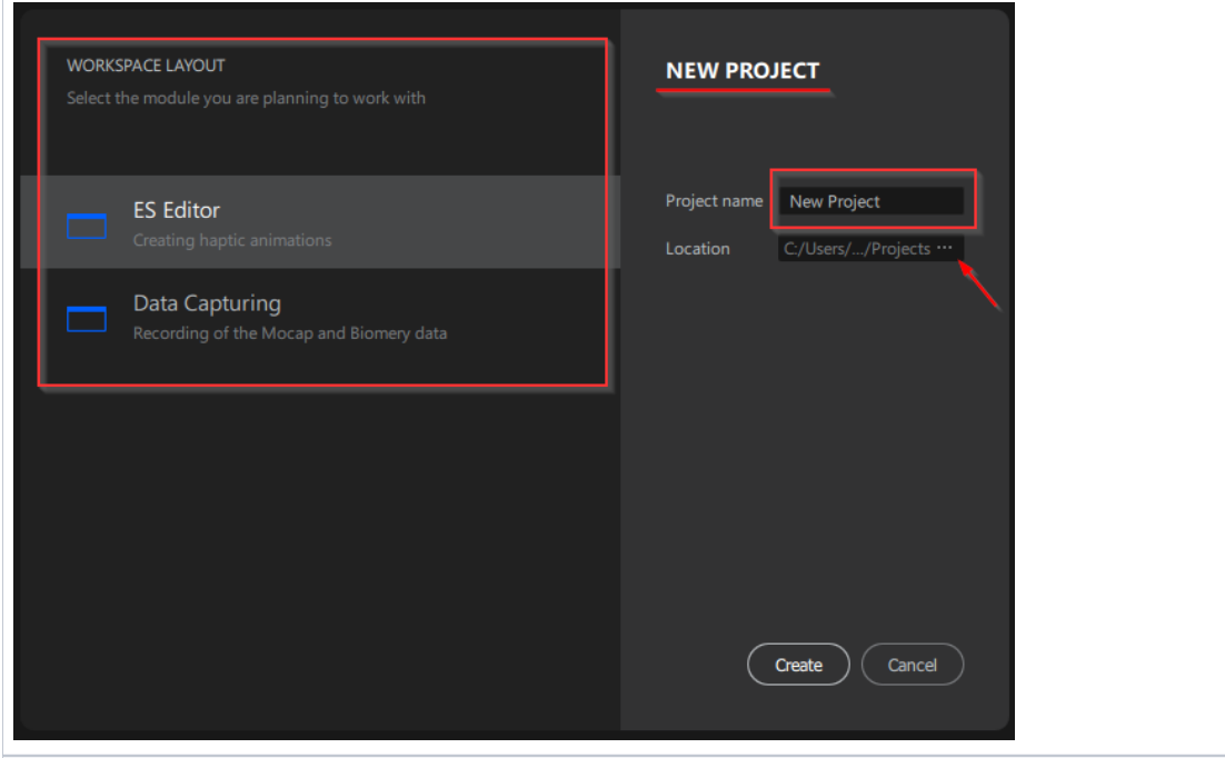 New Project dialog — selecting the workspace layout (ES Editor or Data Capturing) and setting the project name and location