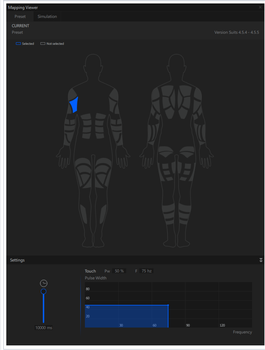 Mapping Viewer — Preset tab: the device channel-mapping scheme and the touch Settings, with the pulse-width / frequency plot