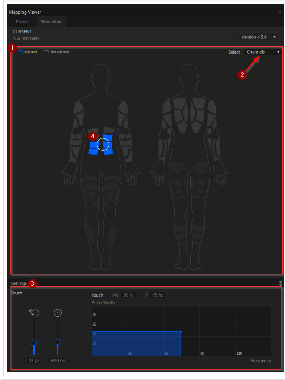 Mapping Viewer — Simulation tab: the mapping scheme, the detail-level dropdown, the Settings section, and the brush