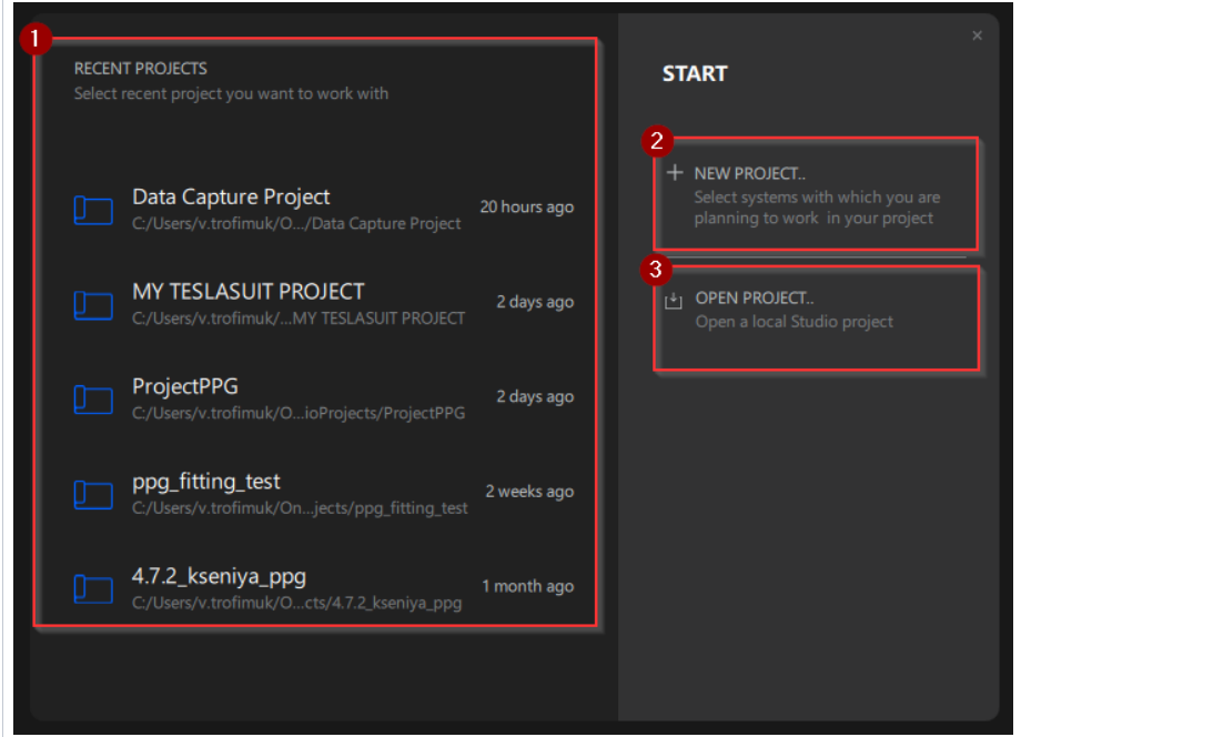 Studio v2.5.0 — start window with recent projects, New Project, and Open Project